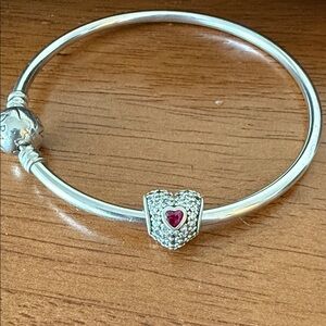 Pre-Owned Pandora Silver Heart Charm with Synthetic Ruby in Center